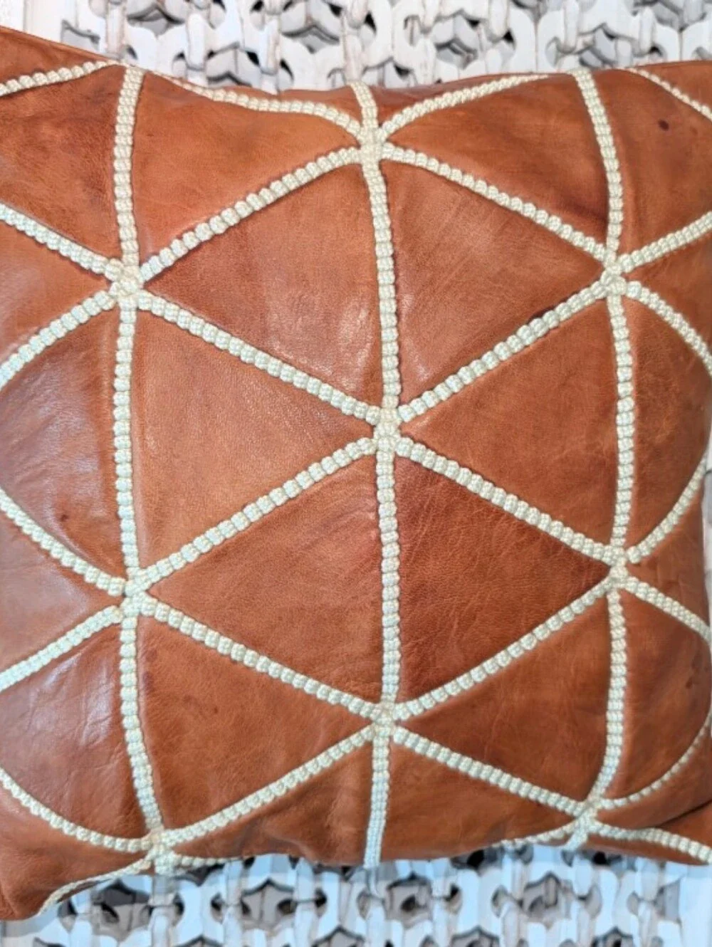 Handcrafted Morrocan Tan Leather Accent Pillow with Cream Embroidery